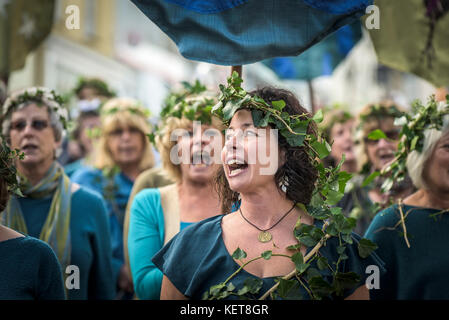 The Suitcase Singers performing in The Ordinalia - Cornish Mystery Plays performed during the Penryn Kemeneth a two day heritage festival in Cornwall Stock Photo