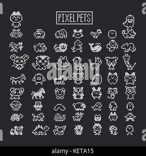 Collection of pixel animals like vintage personal game. Vector pets zoo set. Stock Vector