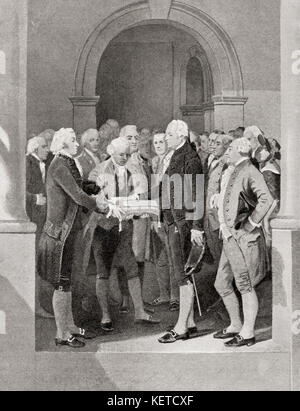 The inauguration of George Washington as President, 1789.  George Washington, 1732 - 1799. American politician, soldier, one of the Founding Fathers of the United States and first President of America.  From Hutchinson's History of the Nations, published 1915. Stock Photo