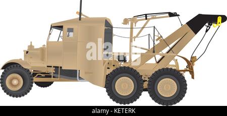 A detailed vector illustration of a Vintage World War Two Six Wheeled Army Tow Truck with two cranes painted in desert camouflage isolated on white Stock Vector