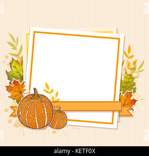 Autumn background with pumpkins, maple leaves and blank sheet of paper Stock Photo