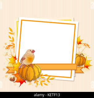 Autumn background with pumpkins, bird and blank sheet of paper Stock Photo