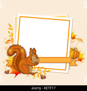 Autumn background with pumpkin, squirrel and blank sheet of paper Stock Photo
