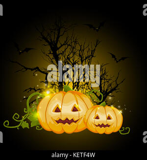 Orange Halloween pumpkins and silhouette of tree on a black background. Halloween greeting card. Stock Photo