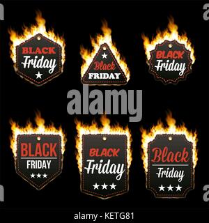 Set of six hot BLACK FRIDAY tags in flames Stock Vector