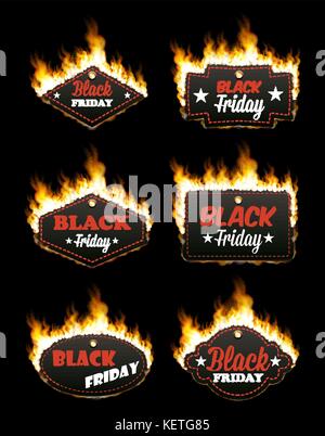 Set of six hot BLACK FRIDAY tags in flames Stock Vector