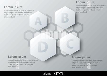 Four topics simple white hexagon 3d paper for website presentation cover poster vector design infographic illustration concept Stock Vector