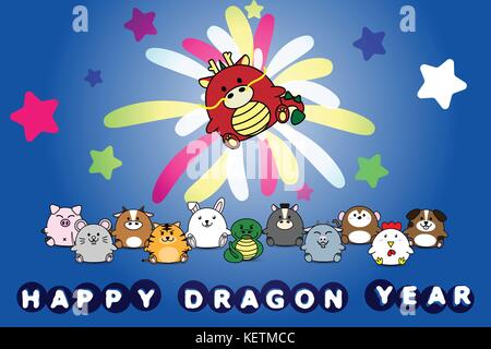 Happy new year for Dragon year of animal symbol Chinese zodiac horoscope in cartoon vector design illustration Stock Vector
