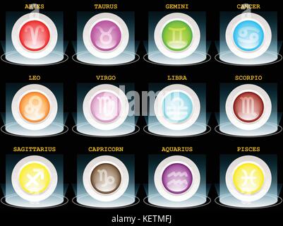 Colorful Horoscope astrology zodiac sign symbol with 3d simple white button paper and sportlight in graphic design icon vector illustration Stock Vector