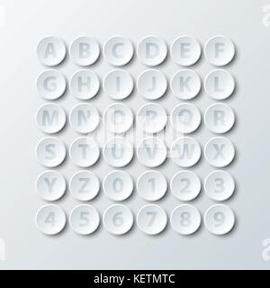 Simple white 3d circle paper of alphabet and number icon for vector design illustration concept Stock Vector