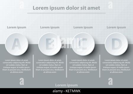 Four topics simple white 3d paper circles on dark grey for website presentation cover poster vector design infographic illustration concept Stock Vector