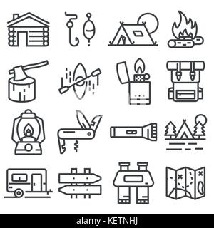 Simple camping icons set. Vector liner style illustrations Stock Vector