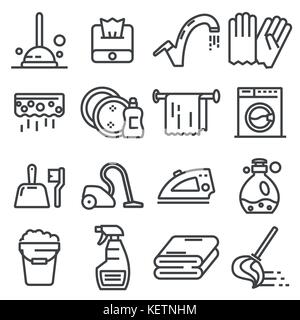 Icons of cleaning. Vector liner style icons set Stock Vector