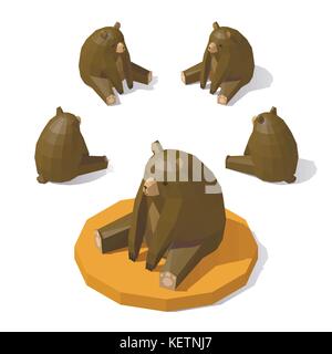 Vector isometric low poly Brown bear. Brown bear from different angles. Stock Vector