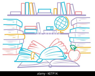 illustration of education in the form of a library with bookshelves and open books.  Icon in the linear style Stock Vector