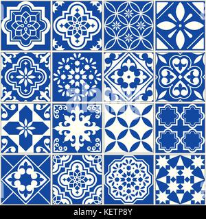 Spanish or Portuguese vector tile pattern, Lisbon floral mosaic, Mediterranean seamless navy blue ornament Stock Vector