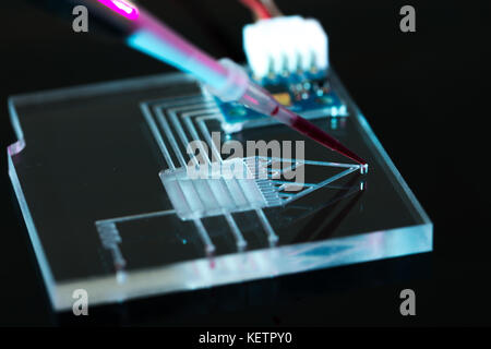 A lab-on-a-chip (LOC) is integration device with several laboratory functions Stock Photo