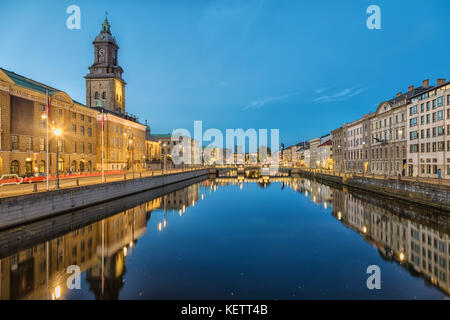 Cityscape with Big Harbor Canal and German Church (Christinae Church) at dusk in Gothenburg, Sweden Stock Photo