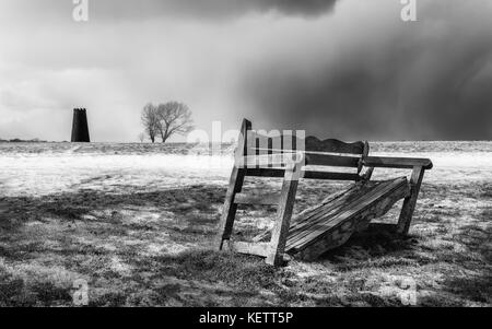 Disused windmill, the Black Monument, in the snow covered pasture of the Westwood in winter and threadbare tree in Beverley, Yorkshire, UK. Stock Photo