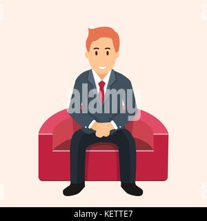 Business Illustration of Businessman sitting on red Sofa and waiting. Concept of job search difficulties. Vector Flat Graphic Design Stock Vector