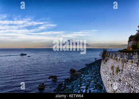 Early Morning Along a Seaside Road on the Amalfi Coast with Vesuvius in the Background Stock Photo