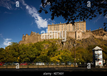 City landmark historic fortress which dominates the skyline on a sunny day  Edinburgh Castle south point The New Barracks  built on a volcanic rock Stock Photo