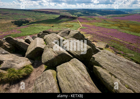 View from Higger Tor towards Carl Wark in the Peak District national park, Derbyshire. Heather blooming on the moors. Stock Photo