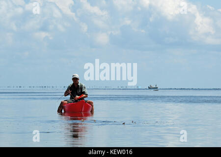 A fly fisherman fishing for tailing redfish or red drum from a kayak on the shallow flats near Port Aransas, Texas Stock Photo