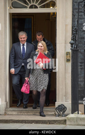 Downing Street, London, UK. 24 October 2017. Karen Bradley, Secretary of State for Culture Media and Sport leaves 10 Downing Street with Brandon Lewis, Minister of State for Immigration and Jeremy Hunt, Secretary of State for Health, on a grey autumn morning after a long cabinet meeting. Credit: Malcolm Park/Alamy Live News. Stock Photo