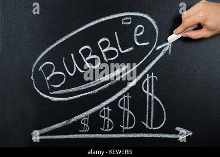 Close-up Of Person Hand Showing Bubble Concept With Dollar Chart On Blackboard Stock Photo