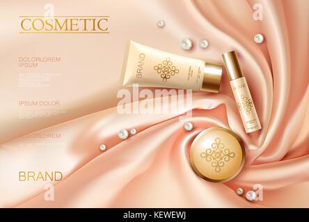 Soft 3d realistic cosmetic ad. Silk glowing fabric light rose beige golden package compact powder. Promotional banner template design vector illustration. Stock Vector