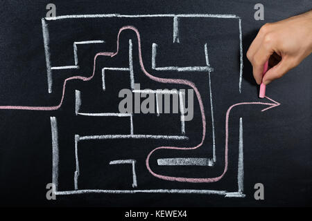 Close-up Of A Person Hand Solving Maze Drawn On Blackboard Stock Photo