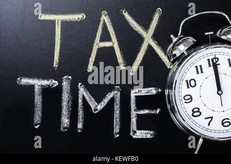 Close-up Of An Alarm Clock Near Tax Time Concept On Blackboard Stock Photo