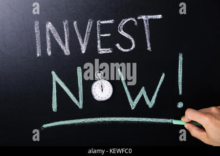 Close-up Of Invest Now Concept With Stopwatch On Blackboard Stock Photo