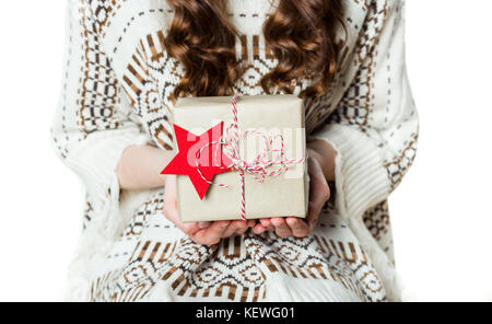 Anonymous woman holding beautifully wrapped present, xmas concept Stock Photo