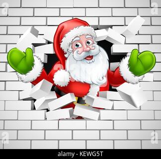 Santa Cartoon Breaking Through a Brick Wall Stock Vector