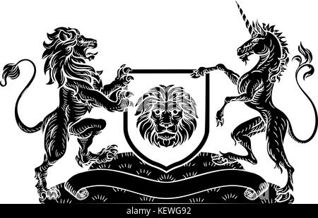 Unicorn and Lion Heraldic Coat of Arms Crest Stock Vector