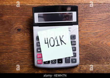 High Angle View Of A Budget Of 401k In Calculator At Wooden Desk Stock Photo