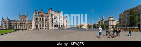 Horizontal panoramic view of Kossuth Lajos Square in Budapest. Stock Photo