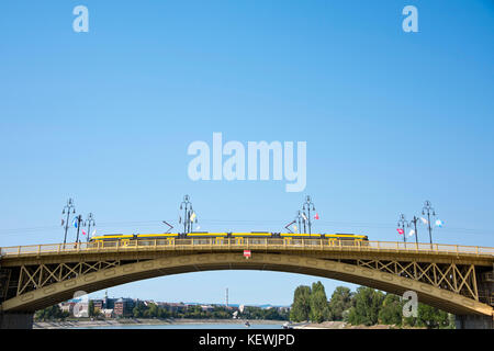 Horizontal view of a tram crossing Margaret bridge in Budapest. Stock Photo