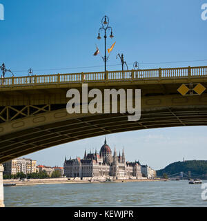 Square view of the Houses of Parliament underneath Margaret Bridge in Budapest. Stock Photo