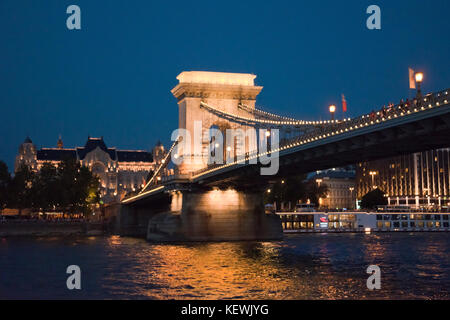 Horizontal view of the Chain Bridge and Gresham Palace in Budapest. Stock Photo