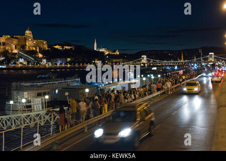 Horizontal view of the riverfront in Budapest at night. Stock Photo