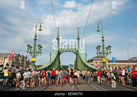 Horizontal view of Szabadság híd or Liberty Bridge closed to traffic in Budapest. Stock Photo