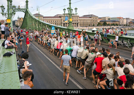 Horizontal view of Szabadság híd or Liberty Bridge closed to traffic in Budapest. Stock Photo