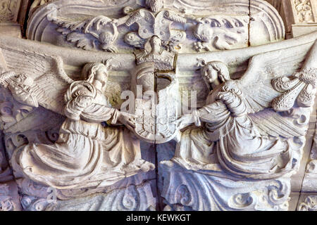 Stone Angels West Portal Monastery Saint Jerome Mosteiro dos Jeronnimos Belem Lisbon Portugal. Catholic Monastery of Saint Jerome in 1501. Sculptures  Stock Photo