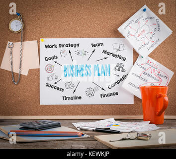 business plan concept on cork board. Wooden office desk with a big mess Stock Photo