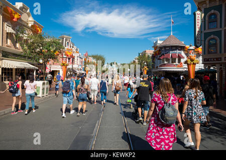 ANAHEIM, CA - OCTOBER 16, 2017: Disneyland's Main Street crowded with guests on a very busy day at the theme park. Stock Photo