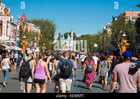 ANAHEIM, CA - OCTOBER 16, 2017: Disneyland's Main Street crowded with guests on a very busy day at the theme park. Stock Photo