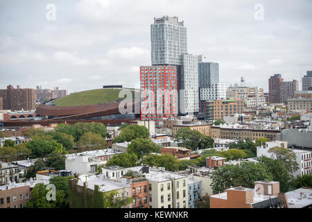 Development in Park Slope in Brooklyn in New York, including the Barclays Center, center, and the surrounding areas in New York on Saturday, October 14, 2017. Because of increased development in the area, notably hi-rise luxury apartment buildings, chain stores and high-end retailers are moving in. (© Richard B. Levine) Stock Photo